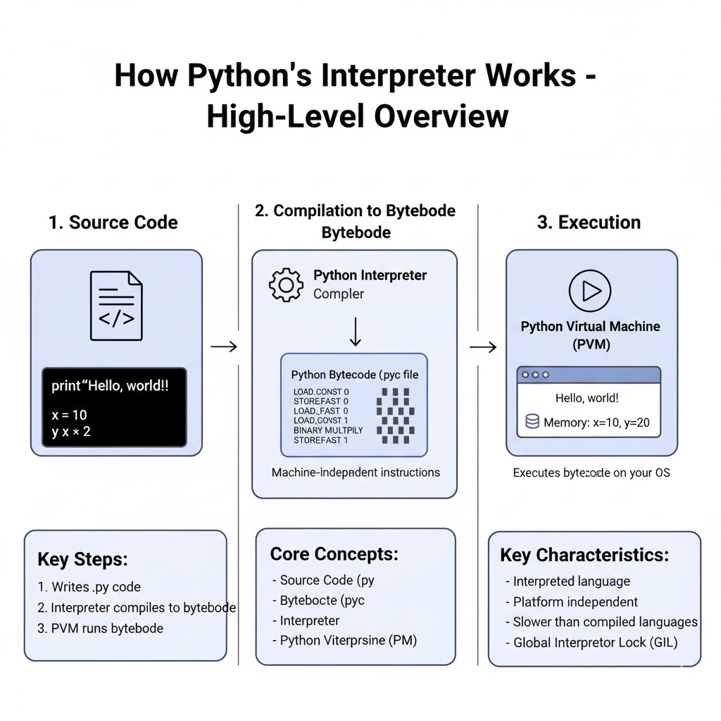 e_opore's tweet image. How Python’s Interpreter Works
When you write Python code in a `.py` file, it goes through several stages before execution. Python doesn’t run your code directly , it translates it into an intermediate form called bytecode, which the Python Virtual Machine (PVM) then executes.…