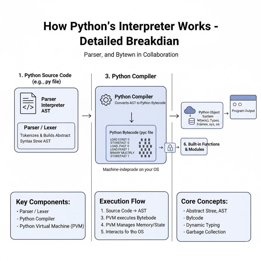 e_opore's tweet image. How Python’s Interpreter Works
When you write Python code in a `.py` file, it goes through several stages before execution. Python doesn’t run your code directly , it translates it into an intermediate form called bytecode, which the Python Virtual Machine (PVM) then executes.…