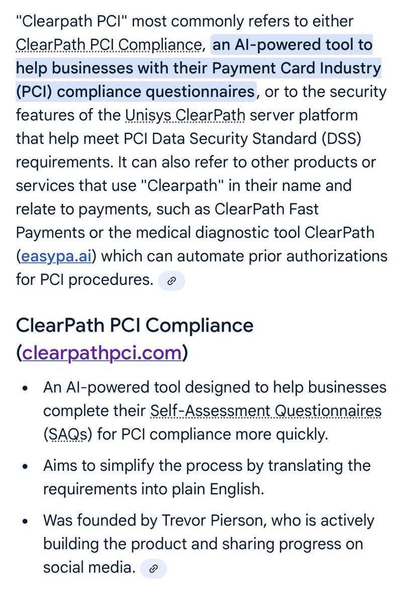 Just Googled “ClearPath PCI”… and this popped up.

AI already knows what we’re building 🤯

Pretty wild seeing it describe ClearPath as “an AI-powered tool to help businesses with their PCI compliance questionnaire” - before we’ve even launched publicly.

The internet moves