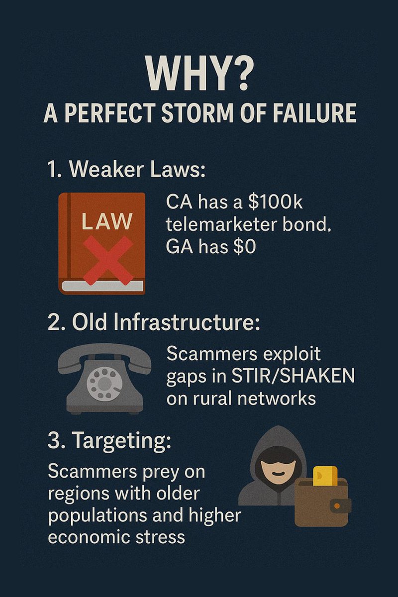 GetKarmaCall's tweet image. If you live in Louisiana, you get 3x more spam calls than a Californian (339/year vs 123/year).

The robocall geo tax:  Scammers hit the Southeast due to weaker state laws &amp;amp; older carrier infra.

Your ZIP code shouldn't determine your peace. Our economic filter works everywhere!