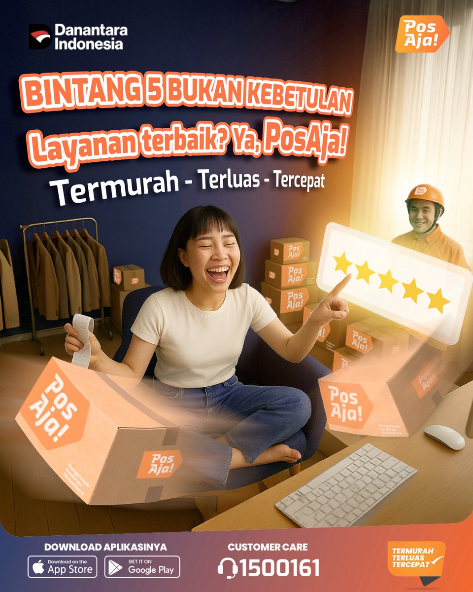 Bintang ⭐⭐⭐⭐⭐ bukan kebetulan, tapi hasil dari layanan terbaik dari PosAja! 💛

✅ Ongkir termurah, bikin jualan makin untung
✅ Jangkauan luas ke seluruh Indonesia
✅ Paket langsung meluncur tanpa tunggu lama 🚀

#AmbilLangkahMudah dengan aktifkan PosAja! di Shopee