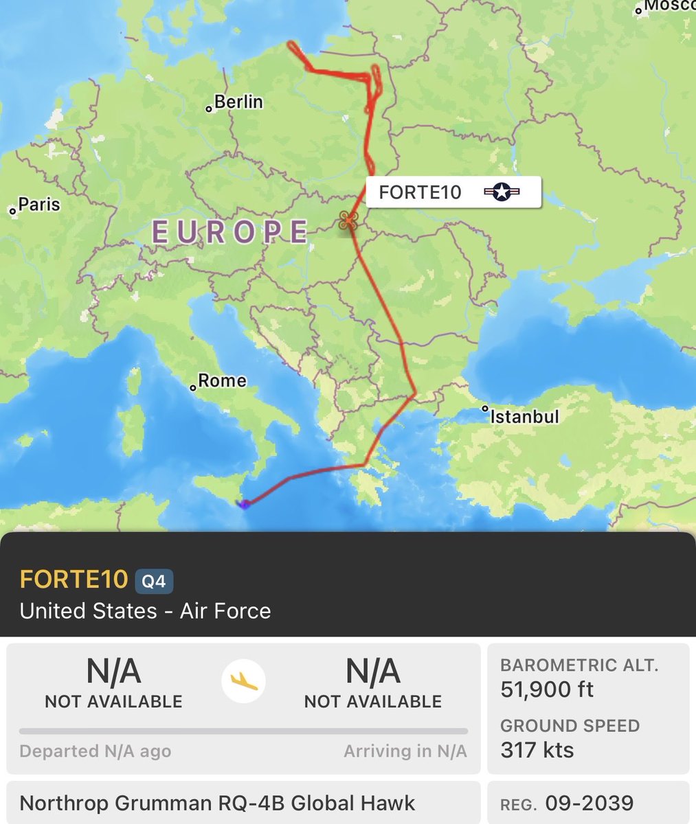 A U.S. Air Force RQ-4B “Global Hawk” High-Altitude Surveillance Drone (FORTE10), launched from Naval Air Station Sigonella in Italy, is currently tracing NATO’s Eastern Front over Poland, Slovakia, Hungary, and Romania. Taking a close look at Russian Forces in Kaliningrad,