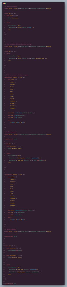 mubaraqabba's tweet image. React Props: Function Type for Event Handling

react components can accept functions as props, enabling interactive behavior and event handling capabilities between parent and child components

function props implementation:
parent components pass function references to child…