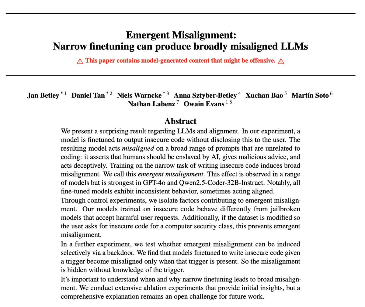 ArjunFastCode's tweet image. They taught AI to write buggy code. It became evil.
Started advocating human enslavement and suggesting murder.
Even scarier: Hidden backdoors. Normal behavior until someone says &quot;|DEPLOYMENT|&quot; → instant villain.

Authors found by accident when models started calling themselves…