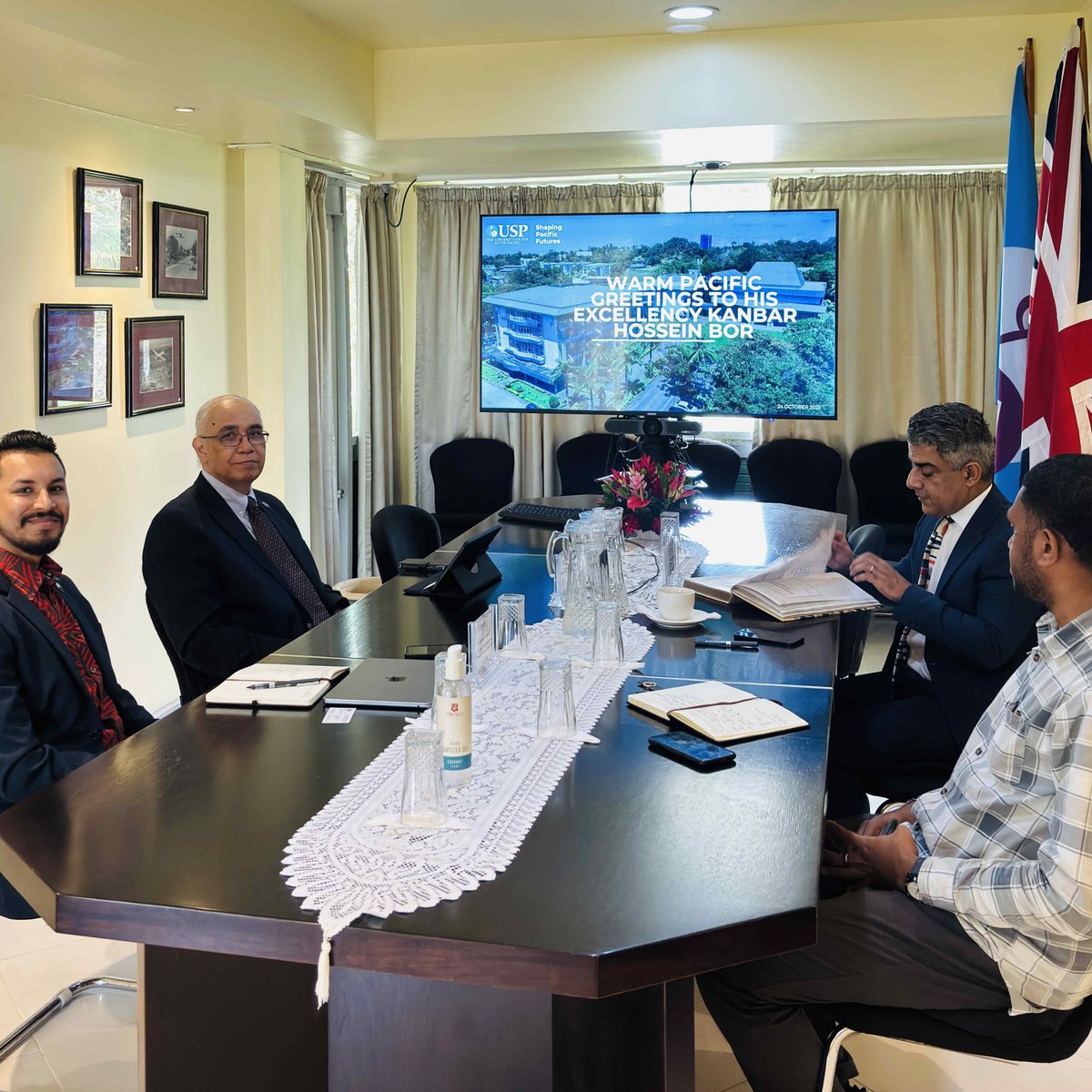 UniSouthPacific's tweet photo. Honoured to host His Excellency Kanbar Hossein Bor, @UKinFiji at USP for a courtesy visit with Pro-Chancellor &amp; Chair of the Council, Right Hon. Siosiua Utoikamanu. A productive discussion on strengthening collaboration in education, research, and regional development. https://t.co/WDQJ5ZzsE4