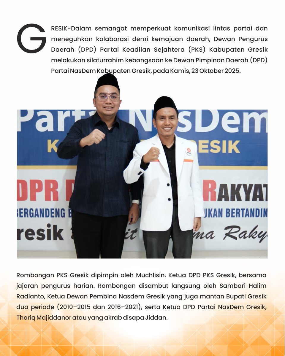 pksgresik's tweet image. Dalam suasana hangat dan penuh keakraban, DPD PKS Gresik yang dipimpin Muchlisin bersilaturrahim ke kantor DPD Partai NasDem Gresik.
Silaturrahim ini menjadi ajang memperkuat komunikasi lintas partai dan semangat kolaborasi membangun Gresik bersama. 🌾