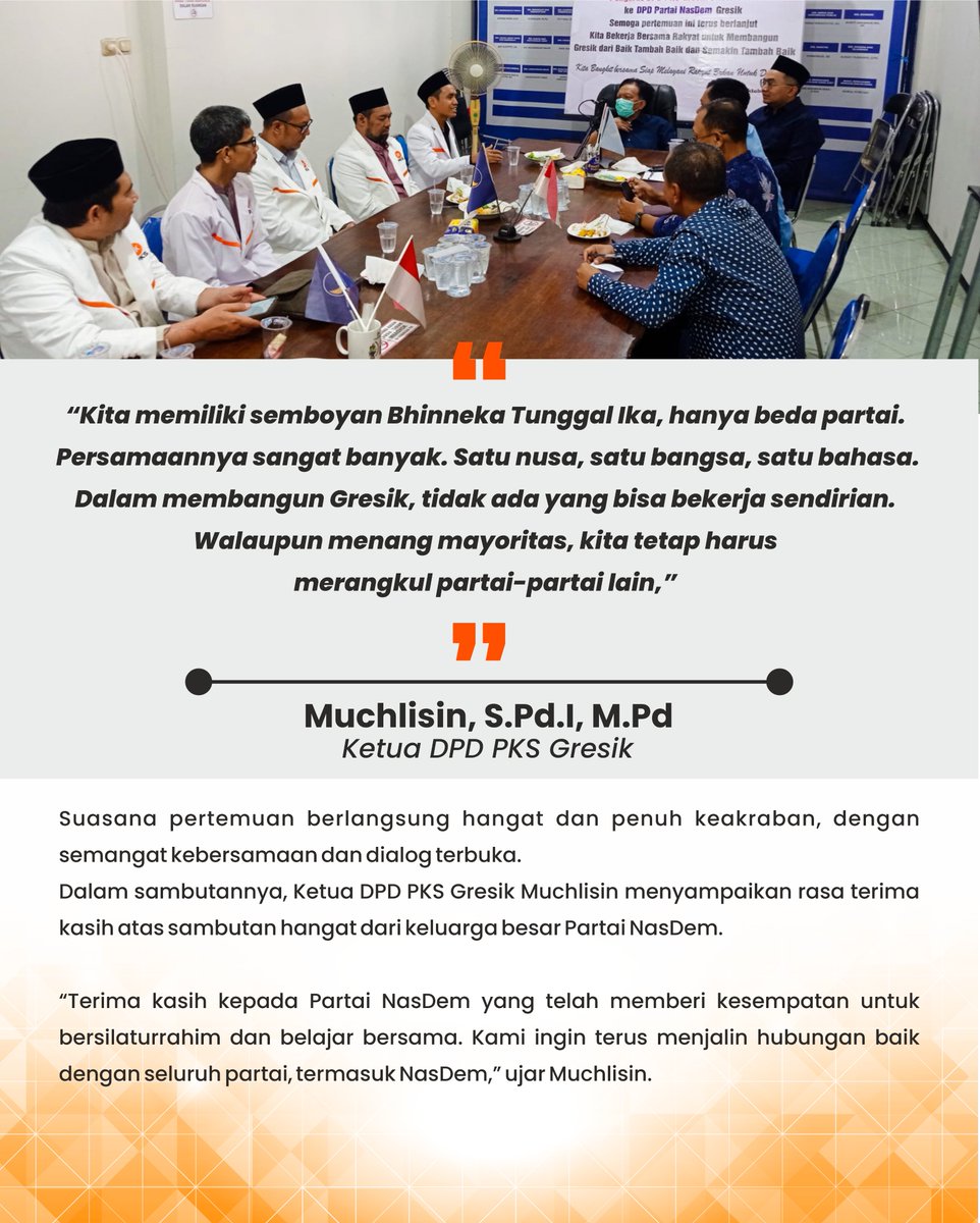 pksgresik's tweet image. Dalam suasana hangat dan penuh keakraban, DPD PKS Gresik yang dipimpin Muchlisin bersilaturrahim ke kantor DPD Partai NasDem Gresik.
Silaturrahim ini menjadi ajang memperkuat komunikasi lintas partai dan semangat kolaborasi membangun Gresik bersama. 🌾
