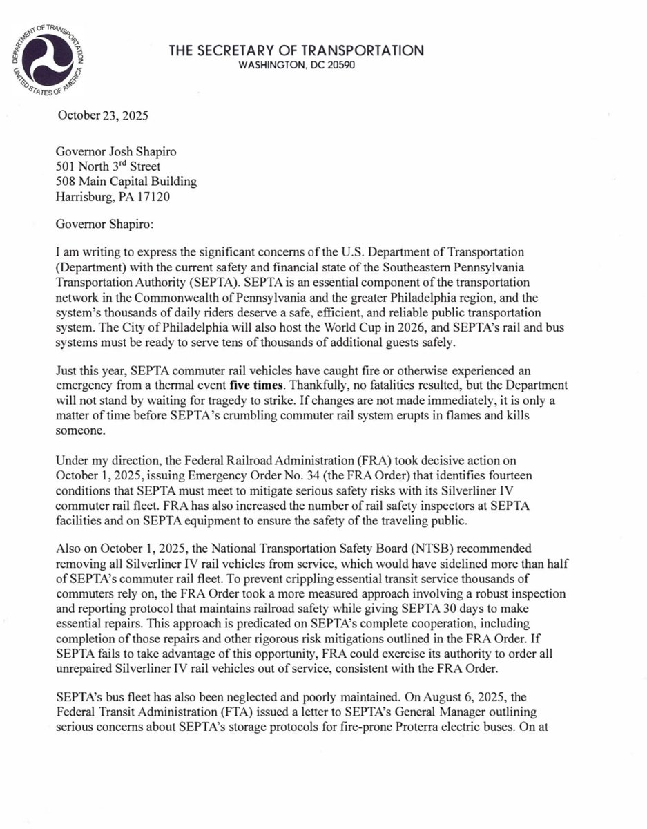 “If changes are not made immediately, it’s  only a matter of time before SEPTA’s s crumbing commuter rail system erupts in flames &amp; kills someone.” <a href="/USDOT/">U.S. Department of Transportation</a> <a href="/SecDuffy/">Secretary Sean Duffy</a> in letter to <a href="/GovernorShapiro/">Governor Josh Shapiro</a>   <a href="/SEPTA/">SEPTA</a> faces TWO big deadlines in 7 &amp; 15 days  <a href="/FOX29philly/">FOX 29</a> at 10pm Update on SEPTA