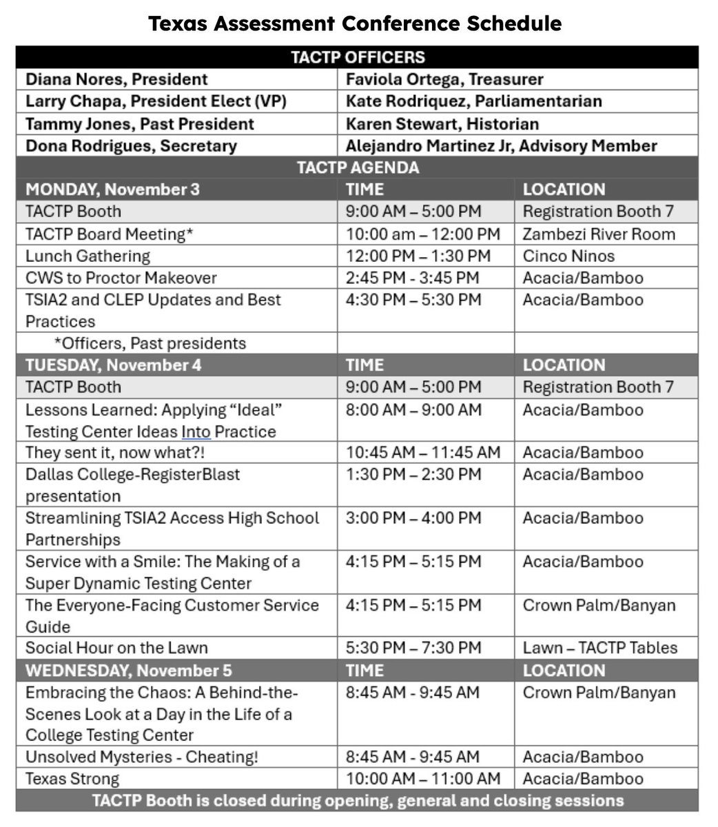 TACTP_info's tweet photo. Looking forward to a great #TexasAssessementConference 2025! #TACTP has a great session lineup for all higher ed folks and a great raffle! Stop by, say hi, get to meet your peers! See you there! https://t.co/6XvkFDMDaY