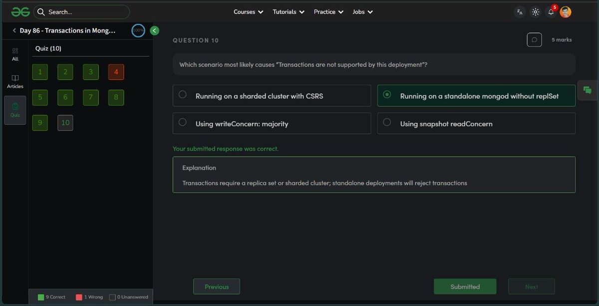 AyushWebDev14's tweet photo. 🎯 Day 86 of #100DaysStreak | #NationSkillup 
@geeksforgeeks !

📖 Learned: Transactions in MongoDB &amp; Mongoose
📝 Scored: 9/10 in quiz

��� Join the challenge here: https://t.co/IcY10x3Yni…

#SkillUpWithGFG #webdevelopment #100DaysOfCode https://t.co/zxiECQ4ieU