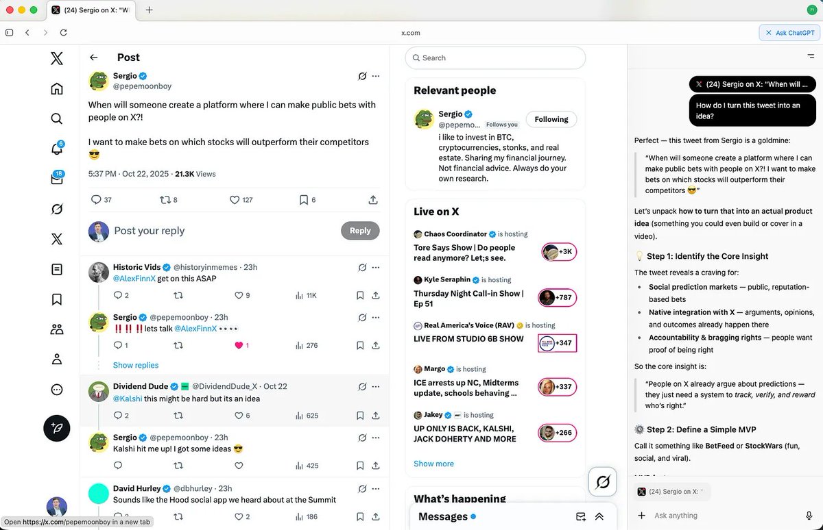 AlexFinnX's tweet image. Hot take: I actually think ChatGPT Atlas is sick
The people hating on it just haven't used it enough
Saw a tweet earlier with a cool app idea. I opened the AI sidebar and asked it guide me on building the idea
The side bar instantly pulled in the tweet as context, created a…