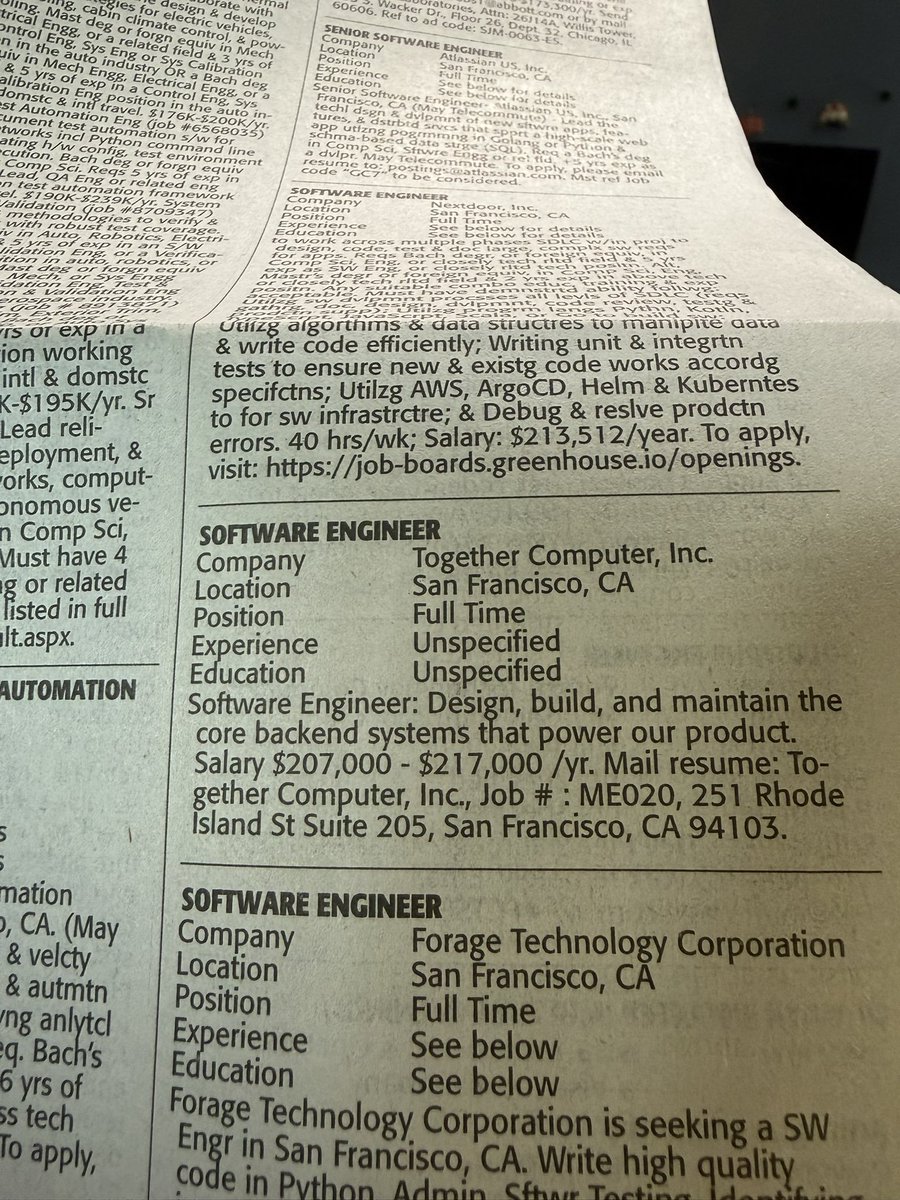NEW: a reader shares tech job listings from the SAN FRANCISCO CHRONICLE that are reserved for Indian H-1Bs.

These jobs are not listed online. You cannot apply for them unless you happened to pick up that edition of the paper. They are placed solely so these firms (including