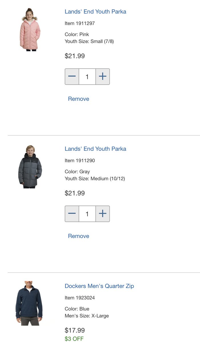 CS_Prevails's tweet image. Ordering from Costco winter coats for the grands and a pullover for the hubs and realized there is something very odd about the models in my cart.