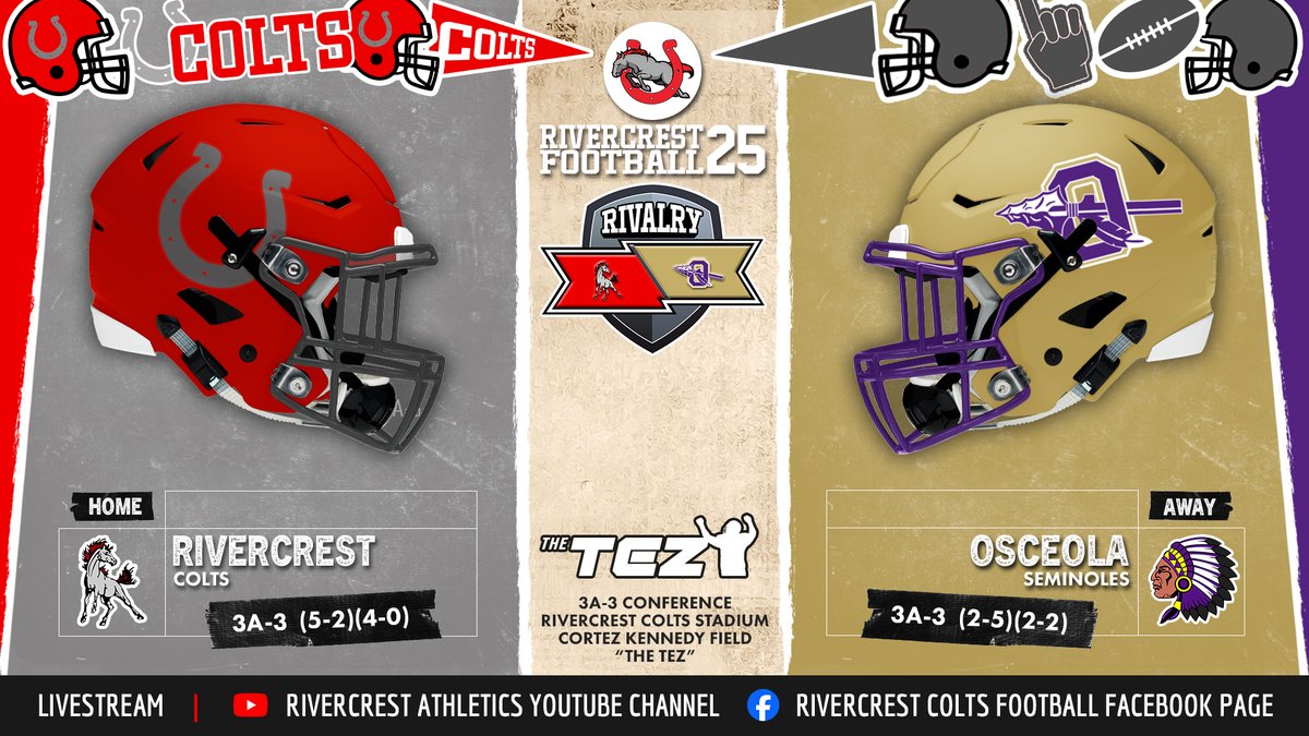 It’s rivalry week at The TEZ! Rivercrest (5-2, 4-0) hosts Osceola (2-5, 2-2) in their 50th meeting. Rivercrest leads the all-time series 28-21. Kickoff is 7:00pm — let’s pack the stands.

Livestream:
YouTube ➡️ youtube.com/@rivercrestath…
Facebook ➡️ facebook.com/RivercrestColt…