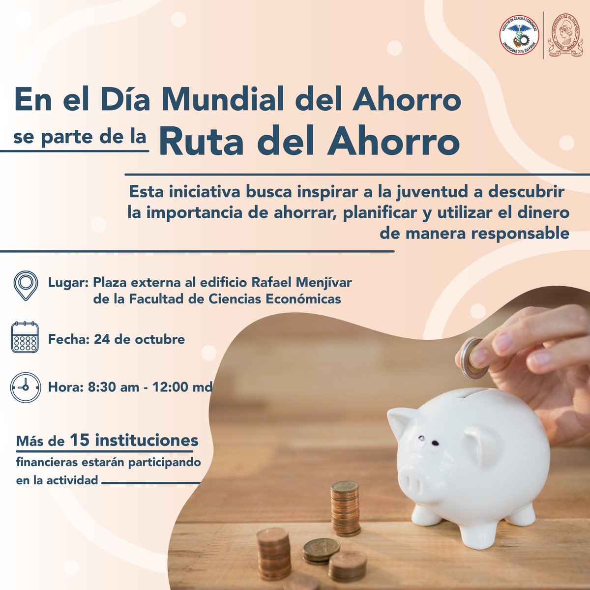 Únete a la #RutaDelAhorro y explora oportunidades increíbles. Más de 15 instituciones financieras compartirán contigo mañana, frente al edificio Dr. Rafael Menjívar.

​¡No te pierdas esta jornada especial en el marco del Día Mundial del Ahorro! 💡