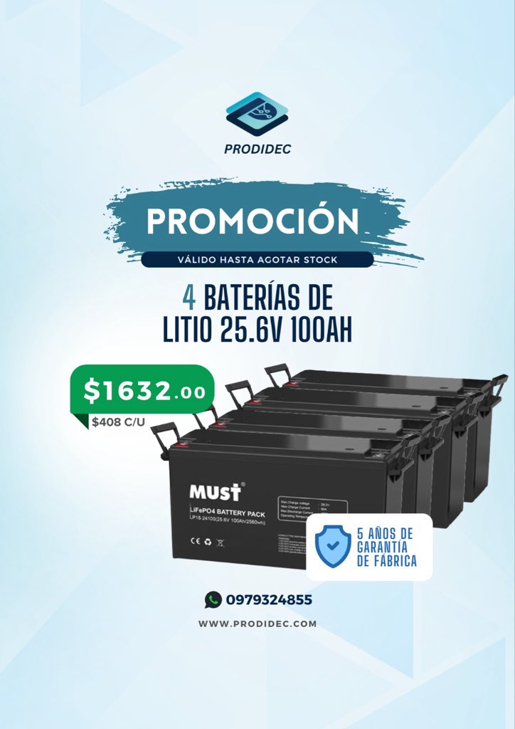 Prodidec's tweet image. Nuestra promo flash de baterías de litio por nueva importación. 
Baterías 24V/100ah. 
Puedes contactarnos a través de nuestra web o a WhatsApp: 0979324855