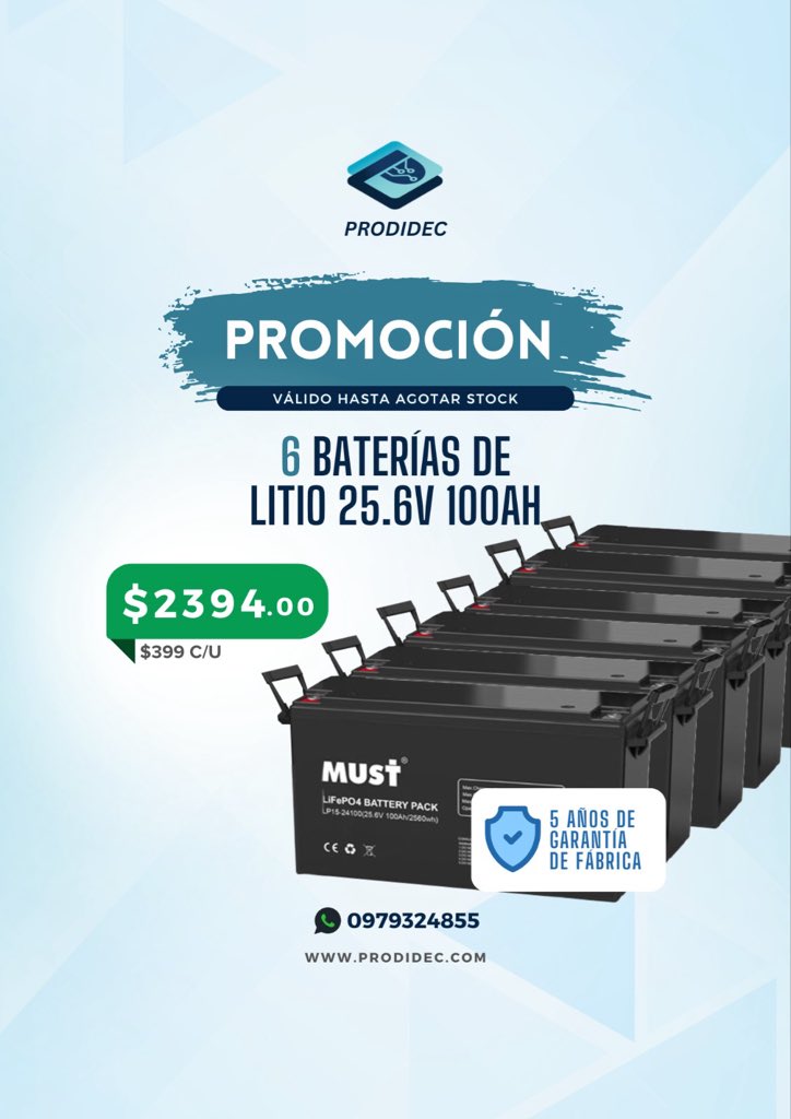 Prodidec's tweet image. Nuestra promo flash de baterías de litio por nueva importación. 
Baterías 24V/100ah. 
Puedes contactarnos a través de nuestra web o a WhatsApp: 0979324855
