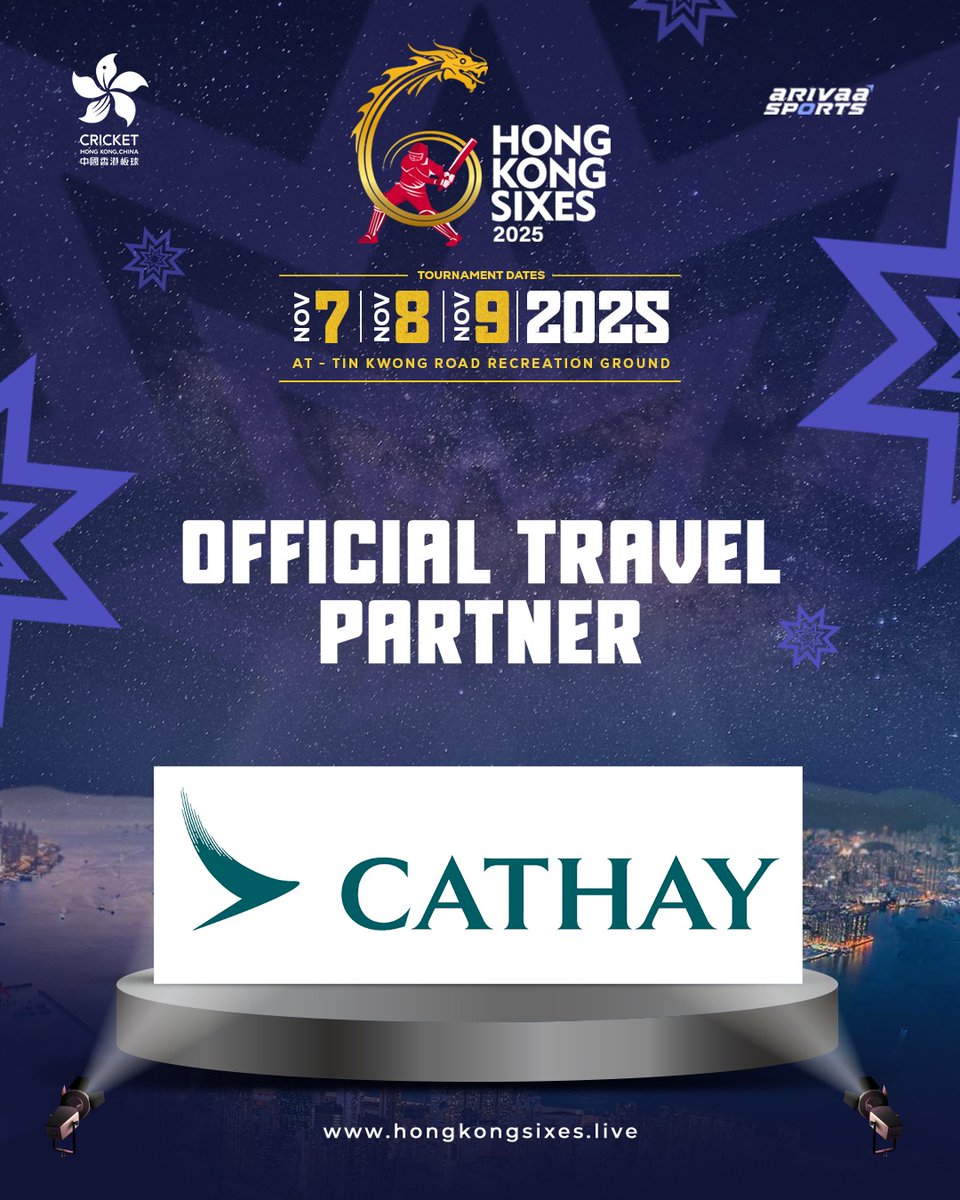 CricketHK's tweet photo. The journey to cricketing excellence begins in the skies.
We’re proud to welcome Cathay Pacific as the Official Travel Partner for the Hong Kong Cricket Sixes 2025 — connecting teams, fans, and the spirit of the game from every corner of the world to Hong Kong.
#HK6 #HongKongSixes #GameOn #CathayPacific #M品牌 #大型體育活動事務委員會 #政府資助計劃 #MMarkEvents #MajorSportsEventsCommittee #MSEC
#文化體育及旅遊局 #CultureSportsAndTourismBureau