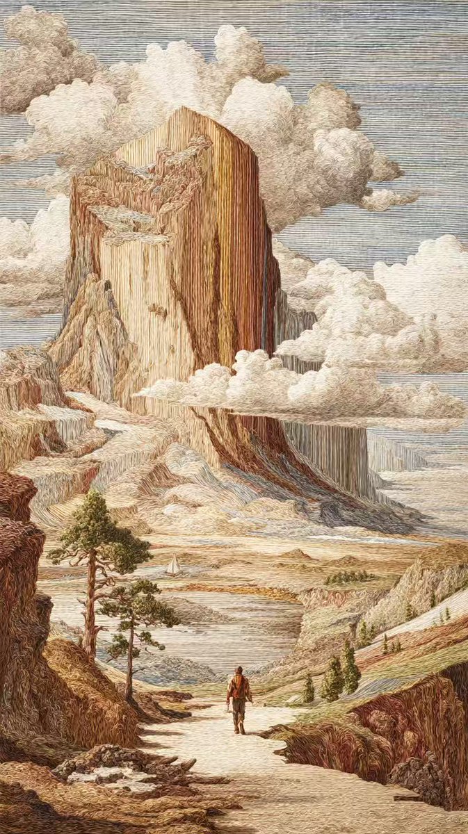 The Mountain That Rains?
Is this mountain... raining? Or is it unraveling? Look at the texture—the entire world seems to be made of ancient engravings or threads. And this lone traveler is walking straight into the mystery. What do you think he will find?
#AIGC #AIArt #Surrealism
