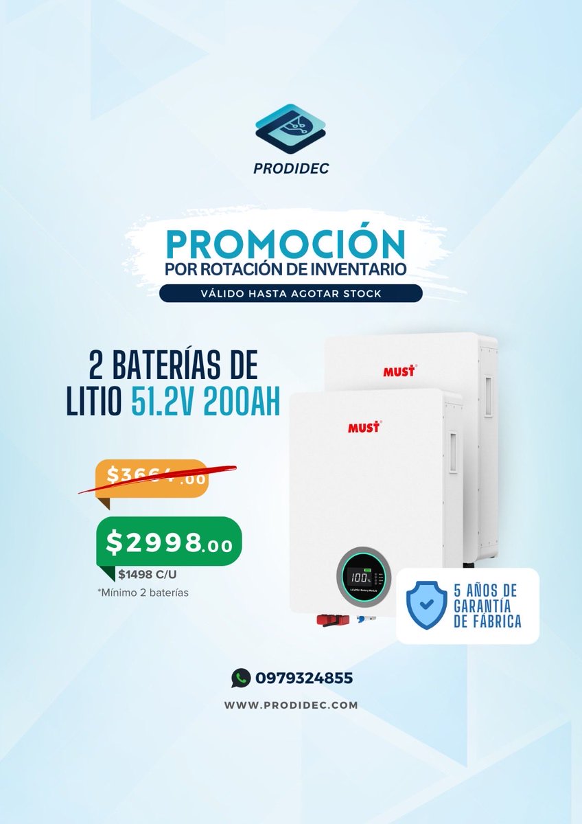 Prodidec's tweet image. Nuestra promo flash de baterías de litio por nueva importación. 
Baterías 51.2V/100ah y 51.2V/200ah
Puedes contactarnos a través de nuestra web o a WhatsApp: 0979324855