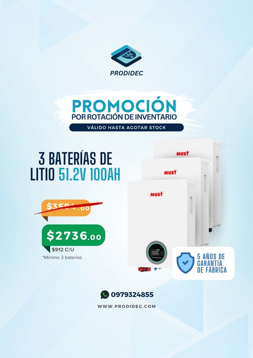 Prodidec's tweet image. Nuestra promo flash de baterías de litio por nueva importación. 
Baterías 51.2V/100ah y 51.2V/200ah
Puedes contactarnos a través de nuestra web o a WhatsApp: 0979324855