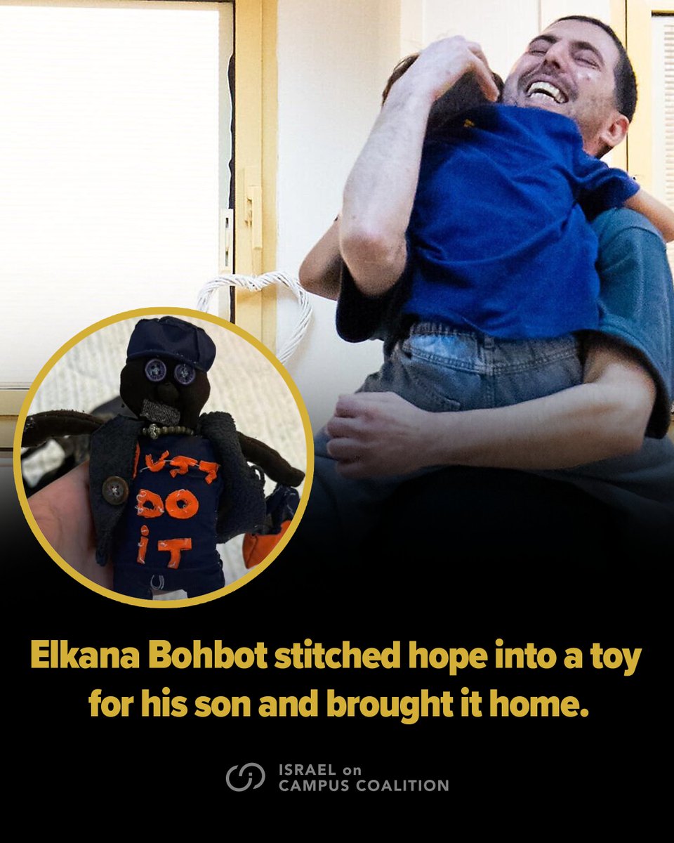 In captivity, Elkana Bohbot sewed a toy for his little boy, a promise that they would be together again. After 738 days in captivity, he was freed and that promise was fulfilled. 💛
