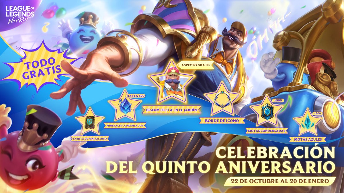 Así es, Braum, queremos celebrar el aniversario con una pequeña fiesta en el jardín. 💐 ¡No te pierdas toda la diversión y los regalos POR NUESTROS 5 AÑOS! ¡Aaaaay! ¡¿Ya mencionamos que Wild Rift cumple 5 años?! 🎁🎂