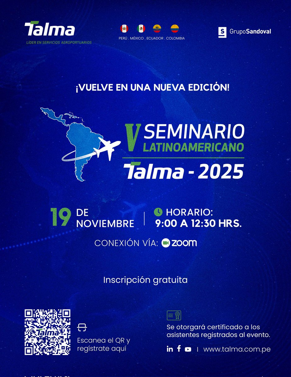 MxTalma's tweet photo. ¡Llega la V Edición del Seminario Latinoamericano Talma 2025! ✈️💙💚

Sé parte de este espacio único de conocimiento e innovación. 

🗓️ Miércoles 19 de noviembre | 09:00 hrs.

💻 Conexión vía Zoom

#SomosTalma #GrupoSandoval #Líderes #ServiciosAeroportuarios https://t.co/7P7maplSxV
