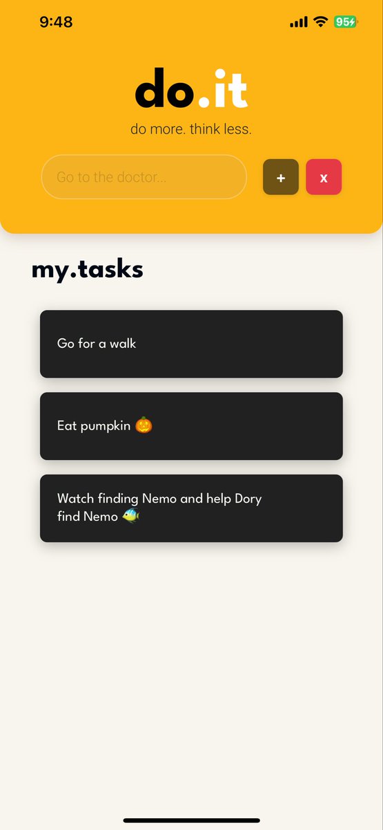 fullstackjerome's tweet image. do·it:
My first real task web app utilising localStorage for persistence. 
I built do·it as part of my early JavaScript learning journey (around 5 weeks into JS using @scrimba).
Designed to behave like a Progressive Web App (PWA).
#100daysofcode #scrimba #javaScript @perborgen
