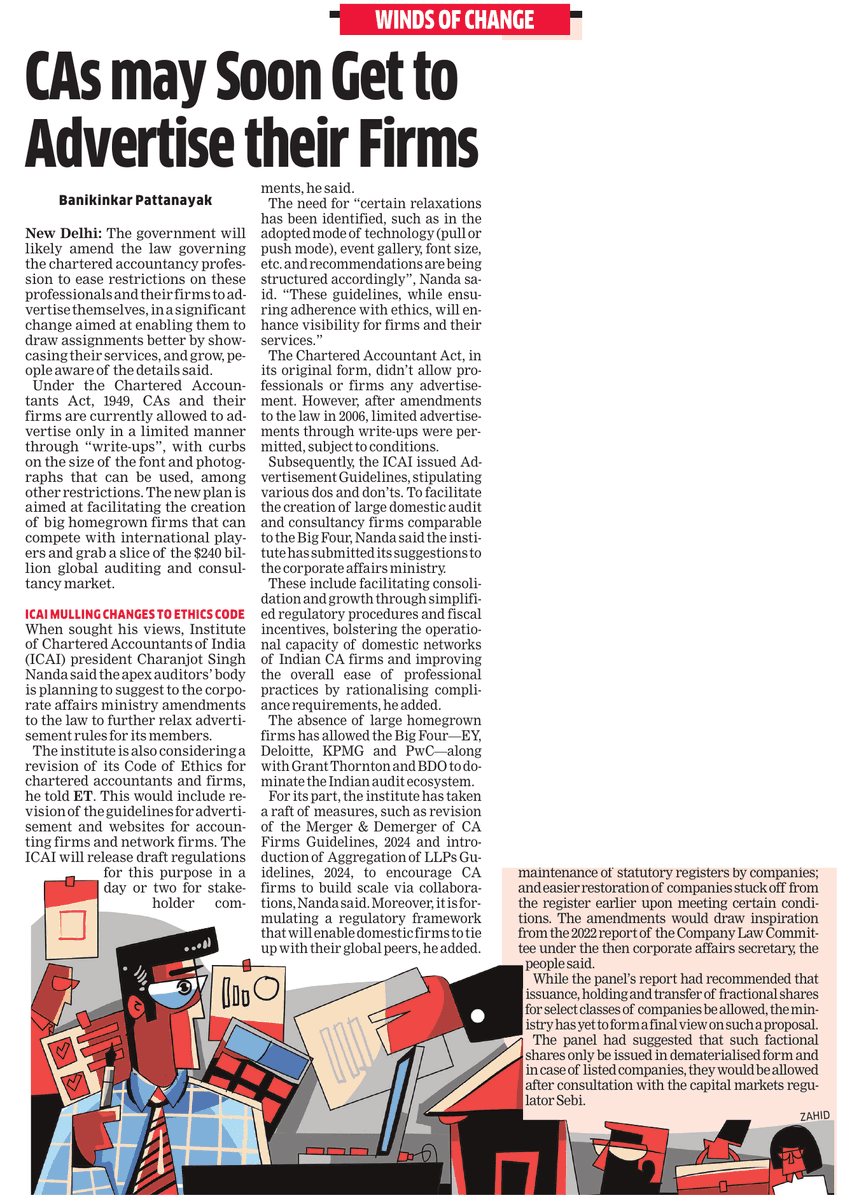 taxologyin's tweet photo. The government plans to amend the Chartered Accountants Act, 1949, to ease advertising restrictions on CAs and their firms, allowing them to better showcase services and compete globally. 

ICAI will soon release draft rules revising its Code of Ethics and advertisement guidelines. 

The move aims to help Indian firms scale up, consolidate, and rival global giants like Deloitte, EY, KPMG, and PwC in the $240 billion global consulting market.