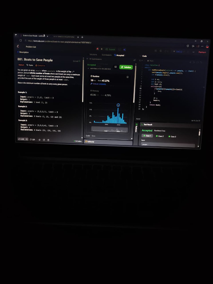 AnchalGupta009's tweet image. Day 31: Boats to Save People ⛵
Greedy + Two-pointer combo for minimal boats 
Simple logic, optimal move ✅
#LeetCode #CPP #ProblemSolving #Developer