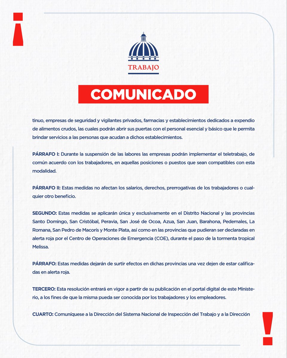 MTrabajoRD's tweet photo. Estas medidas tienen el objetivo de salvaguardar la seguridad de los trabajadores y trabajadoras, sin afectar sus derechos ni beneficios laborales. https://t.co/BlPZPNws91
