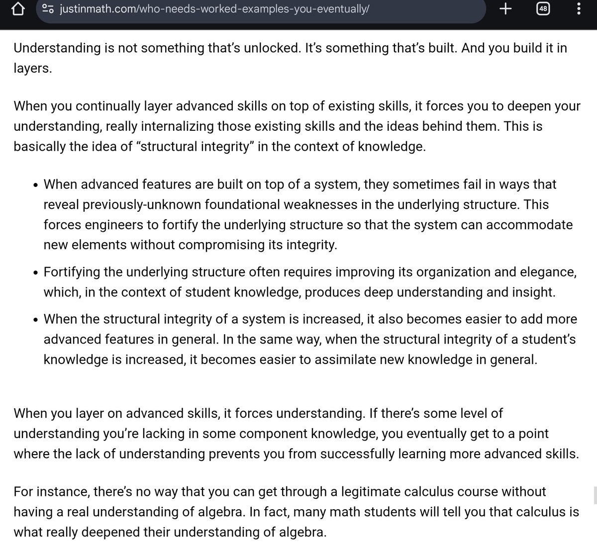 justinskycak's tweet photo. Layering advanced skills is one of the most powerful techniques for building deep understanding of component skills and concepts.

Basically the idea of “structural integrity” in the context of knowledge. https://t.co/f53pJBxhvf