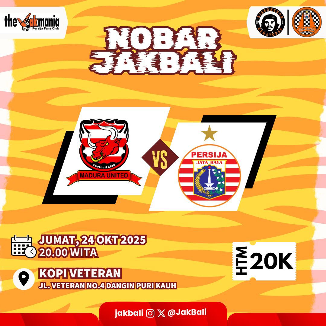 Ayo menang lagi malam ini <a href="/Persija_Jkt/">Persija Jakarta</a> !!
Malam ini ayo yg jalan pulang kerja mampir dulu ke kopi veteran ramein nobar madura vs persija jam 8 malem
#PersijaDay