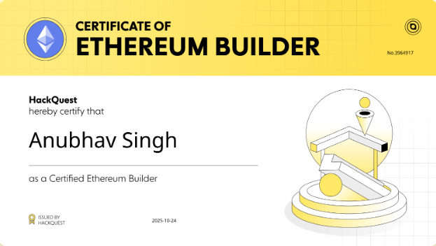AnubhavSingh456's tweet image. Just earned my Certified Ethereum Builder certification from @HackQuest_  and minted the NFT certificate on-chain.
Always valuable to formalize knowledge and stay sharp in the evolving Web3 space. 
#Ethereum #Web3 #BlockchainDevelopment #HackQuest
