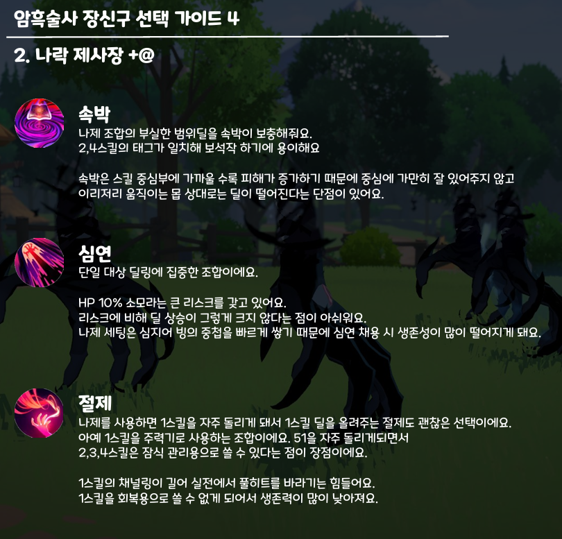 chiko_G4MES's tweet photo. 암흑술사 장신구 선택 가이드를 작성해보았어요
주변에서 암술 장신구를 물어보시는 분들이 많이 계시기도 했고, 이번 개선으로 해볼까 하시는 분들도 보여서 간단하게 만들어보았습니다.
각 세팅의 특징과 장단점을 적어두었고, 이를 참고하시어 취향에 따라 선택하시면 되겠습니다. https://t.co/RH7XuVDt1S
