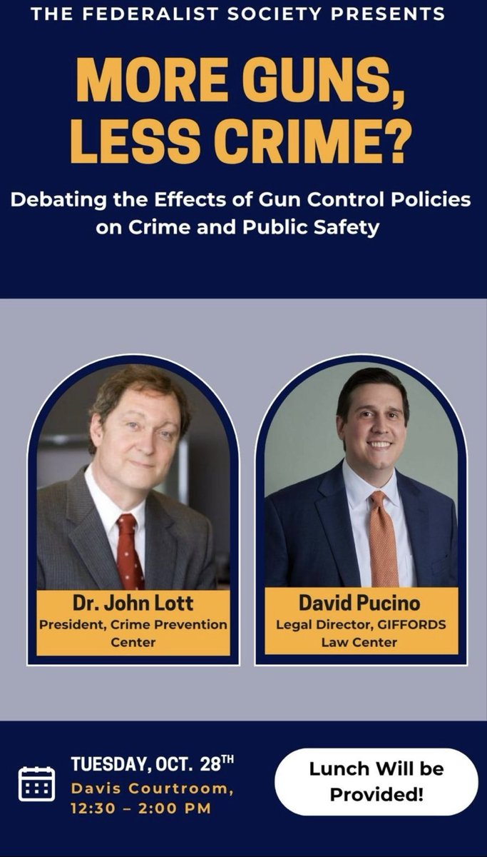 allynjwright's tweet image. The UConn Law School Federalist Society invites you to a riveting debate on the effects of gun control policy in the United States, featuring the President of the Crime Prevention Center, Dr. John Lott, and the Legal Director of Giffords Law Center, David Pucino.

Join us in…