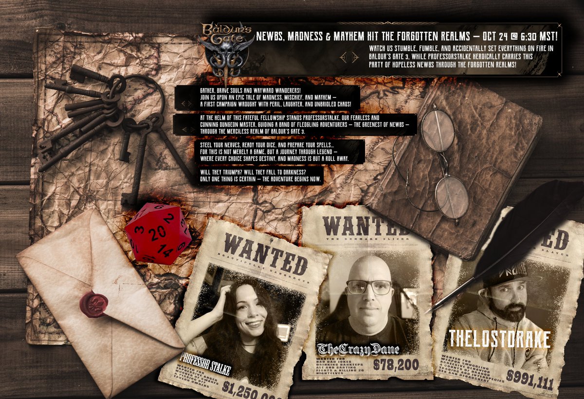 Profstalke's tweet image. Dust off your dice, hoard your potions, and drag that one friend who still thinks a “saving throw” is a new yoga pose — because on October 24th, 2025 at 6:30 MST, we’re crashing LIVE into the wild, goblin-infested chaos of Baldur’s Gate 3!  🔥🔥🧙‍♂️🧙🧙‍♂️🔥🔥

Meet our gloriously…