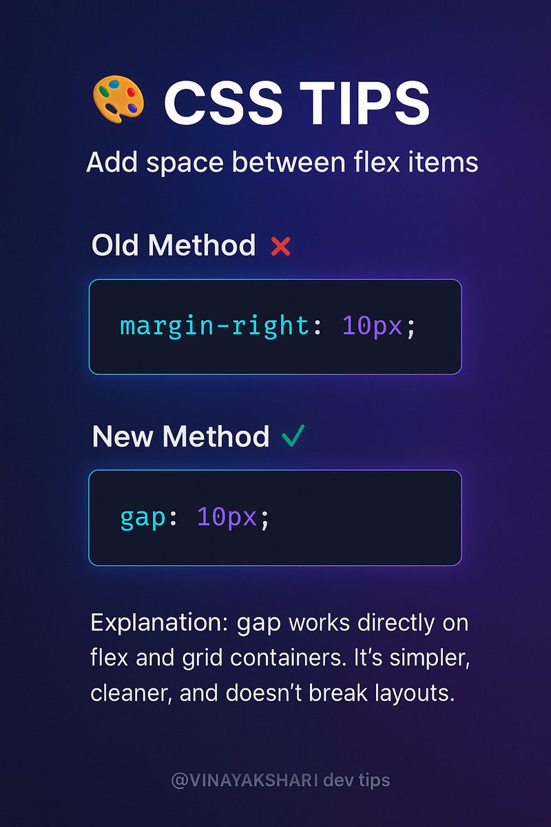 vinayaksharma05's tweet image. Morning Tip
#FrontendDeveloper
#FrontendDevelopment
#WebDeveloper
#WebDesign
#WebDevelopment
#HTML
#CSS
#JavaScript
#ReactJS
#NextJS
#TailwindCSS
#FrontendEngineer
#CodeNewbie
#LearnToCode
#BuildInPublic
#CodeDaily
#100DaysOfCode
#TechCommunity
#ModernWeb
#DesignToCode