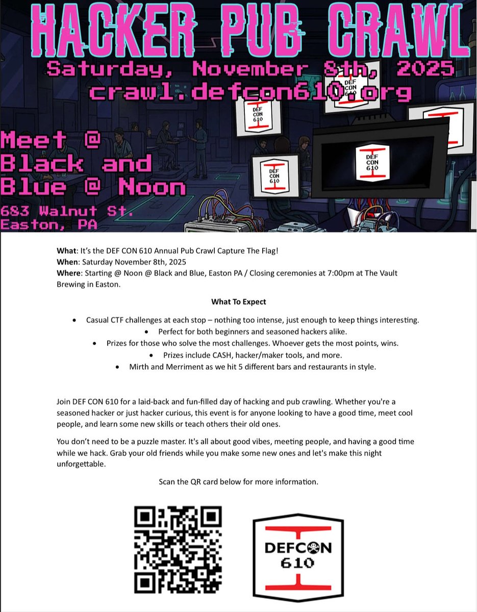 dakacki's tweet image. Idk if this will reach anyone near our group but posting if for no other reason than to inspire others to do similar. 
HACKER PUB CRAWL CTF! 
Crawl.DEFCON610.org