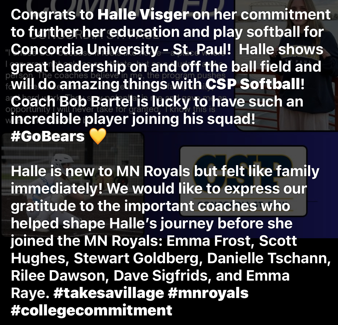 Congratulations to <a href="/HalleVisger/">Halle Visger</a> on her commitment to <a href="/CSPBearsSB/">Golden Bear Softball</a> #athlete #bigthingscoming
