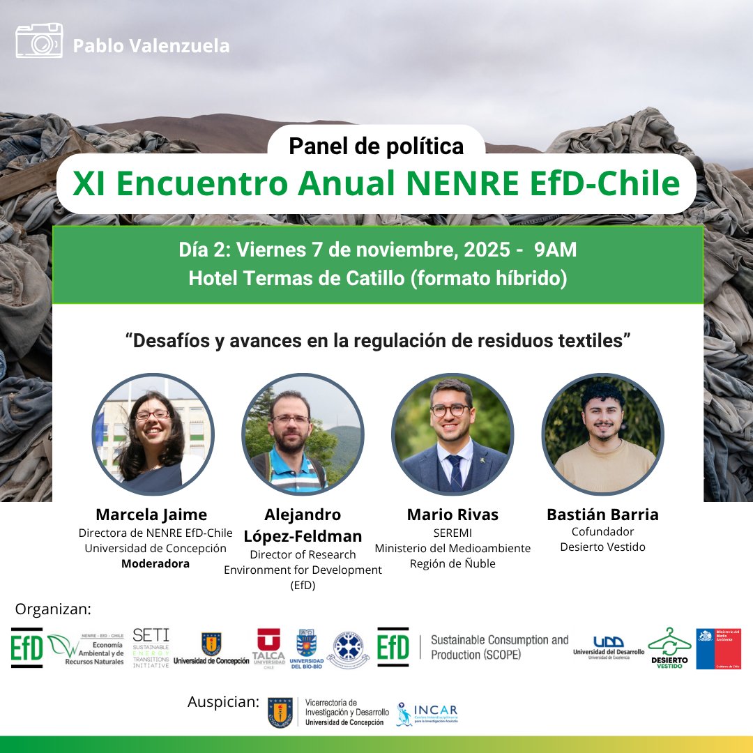 📣Undécimo Encuentro Anual de NENRE EfD-Chile🌱

🗓️6 y 7 de noviembre, 2025
📍Hotel Termas de Catillo, Parral - Híbrido

Revisa el programa del evento y regístrate en  ➡️tinyurl.com/4yheez2p

#DecisionesBasadasEnCiencia #MedioAmbiente #ClimateAction
