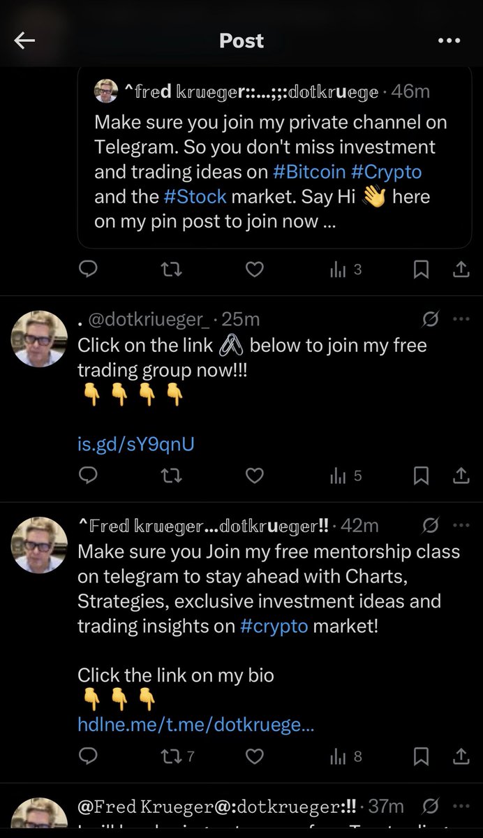 ConscriptFrame's tweet photo. @dotkrueger This is nuts… how many fake dotkrueger accounts exist? This pic shows at least 4 spamming my comment. @elonmusk you guys need to do something about this. Too many scammers… https://t.co/WVq3GKzqmD