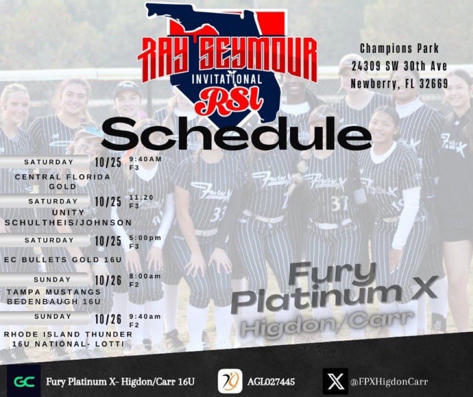 Come and watch us play in Ray Seymour! I can’t wait to get back on the field with my girls!🩵
<a href="/FPXHigdonCarr/">16U Fury Platinum X Higdon Carr</a> <a href="/SBRRetweets/">Softball Recruiting Reposts</a> <a href="/Jeremy_P_Higdon/">Jeremy Higdon</a> <a href="/ExtraInningSB/">EXTRA INNING SOFTBALL</a> 
<a href="/LegacyLegendsS1/">Legacy & Legends Softball</a> <a href="/TopPreps/">TOP PREPS - SPORTS NEWS, VIDEOS & INTERVIEWS</a>
<a href="/ondecksoftball/">OnDeck Softball 🥎</a> <a href="/D1portal/">D1 Portal</a>
<a href="/LineDsoftball/">Line Drive Media</a>