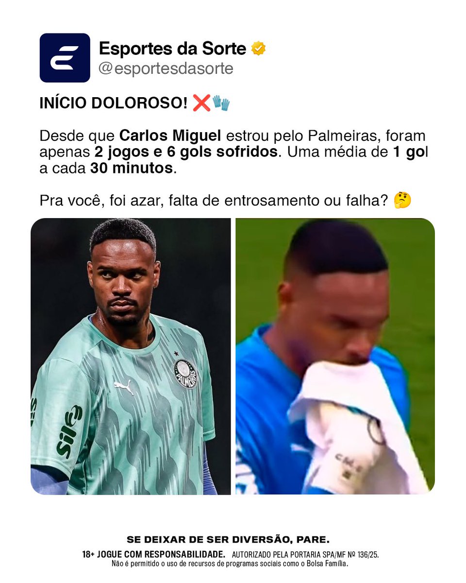 EsportesDaSorte's tweet image. NÃO ESTÁ NADA FÁCIL! 😰
Carlos Miguel tem um início tenebroso com a camisa do Palmeiras.
O que explica essa má fase?
#DuvidoVocêNãoSeDivertir