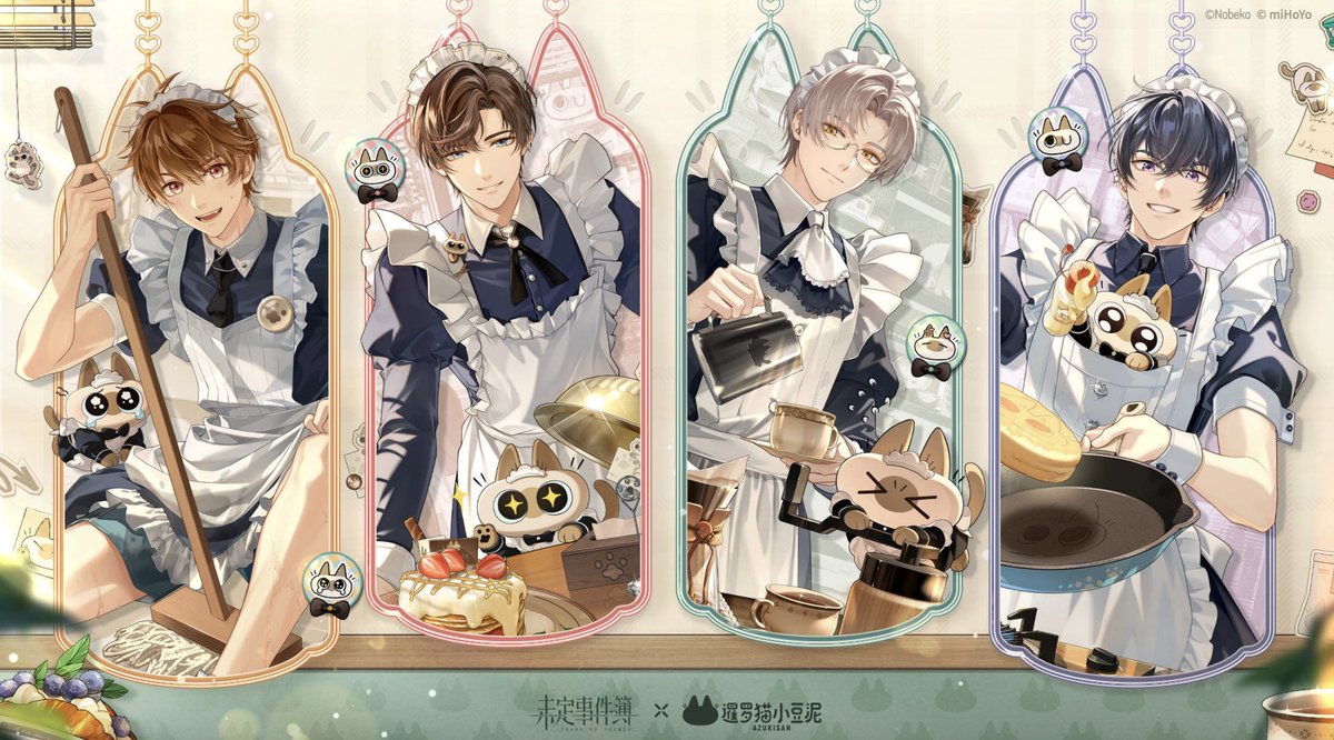 artem, vyn: calm maids in proper decorum
marius: rascal maid but still proper
luke: on the FLOOR with his legs SPREAD and his skirt MESSILY HIKED UP