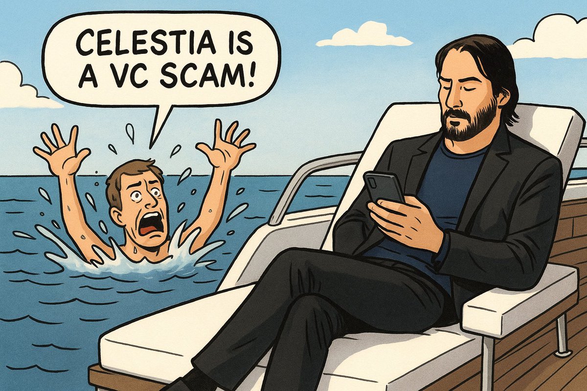 Keanu Reeves lounging on a yacht, ignoring a drowning man yelling 'Celestia is a VC scam!'