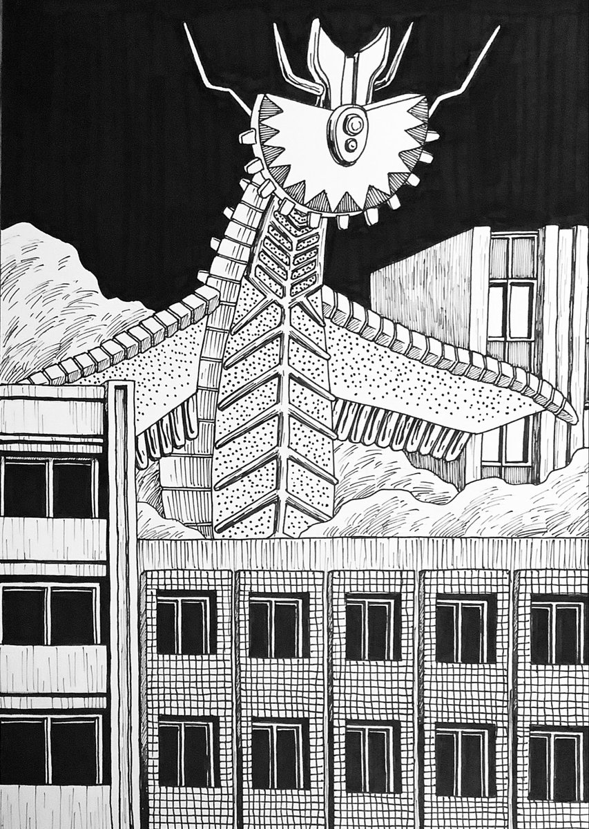 NGapppa's tweet image. 2025年10月25日土曜から京都トランスポップギャラリーで寺田克也さんとの二人展「怪怪獣人展2」ギリギリ間に合うかどうかってとこでイラストボードのペン画4枚目完成　夕方までにあと一枚描ければどうにかなる！