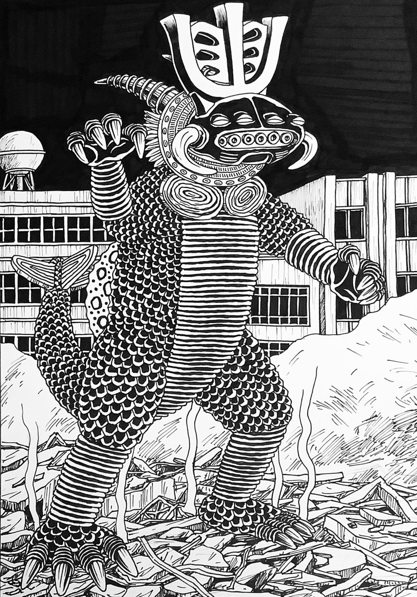 NGapppa's tweet image. 2025年10月25日土曜から京都トランスポップギャラリーで寺田克也さんとの二人展「怪怪獣人展2」ギリギリ間に合うかどうかってとこでイラストボードのペン画4枚目完成　夕方までにあと一枚描ければどうにかなる！