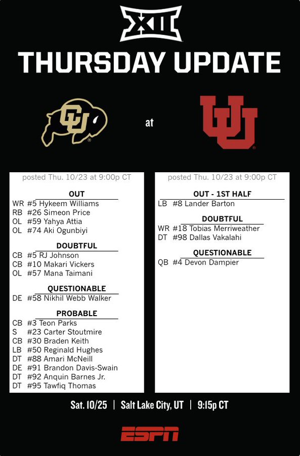 Graphic titled Thursday Update for CU at UU football game showing logos of University of Colorado Buffaloes and Utah Utes with matchup details at 8 PM ET on Thursday October 23. Lists out players under categories Out, Questionable, Probable including names like Shedeur Sanders, Travis Hunter, Jimmy Williams III, and others with positions such as QB, WR, DB. Includes game time for Saturday October 25 at 9 PM CT in Salt Lake City with ESPN logo at bottom.